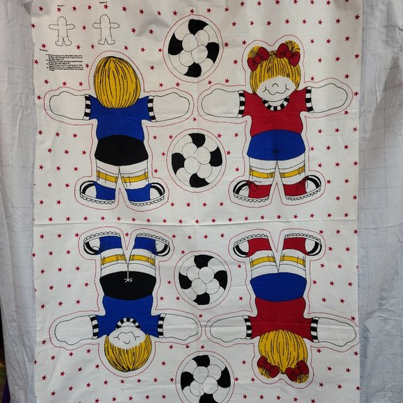Soccer Boy&Girl/Soccer Balls Cut&Sew Fabric Panel VINTAGE!! - Picture 1 of 6